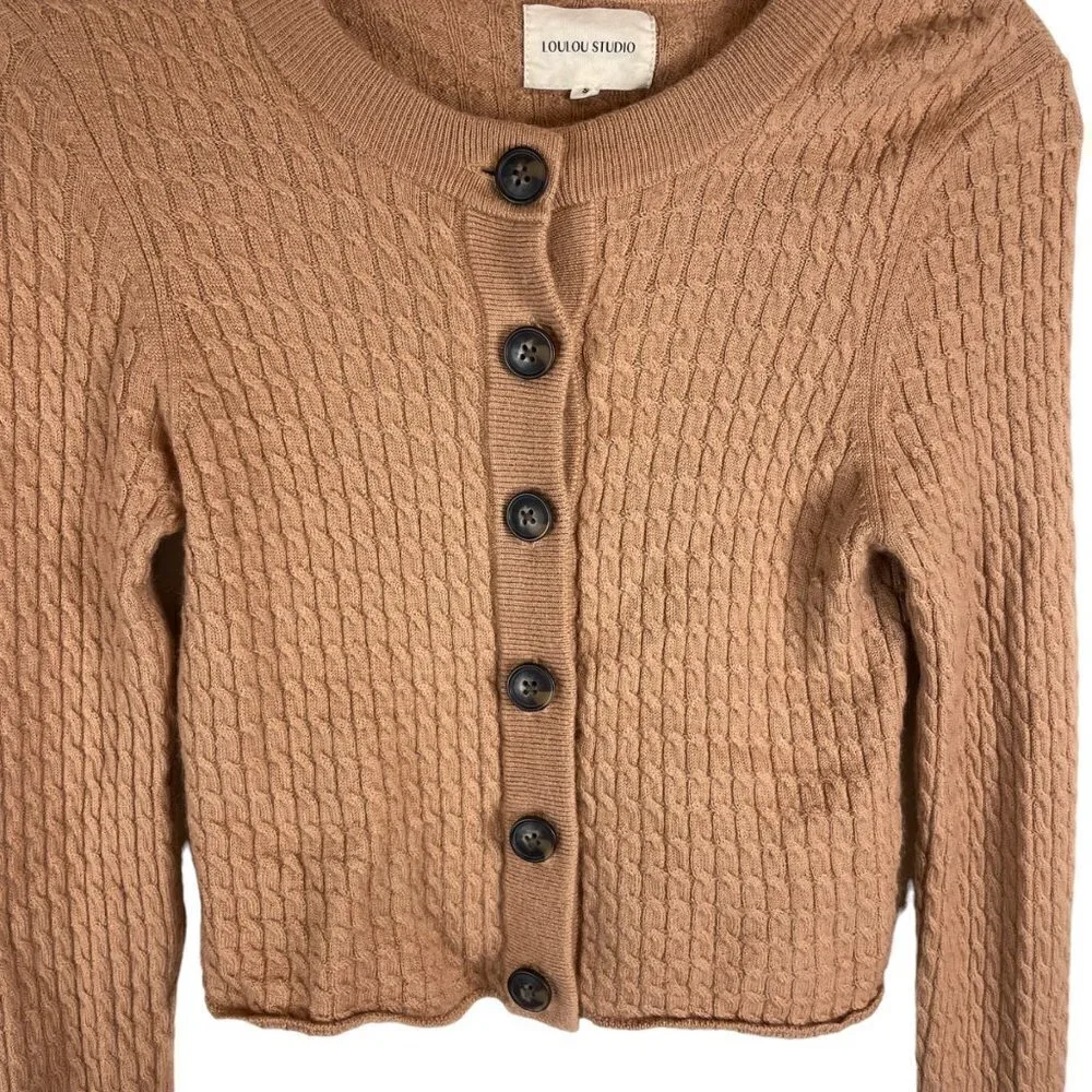 Loulou Studio Mati Wool Cashmere Cable-Knit Button Front Cardigan Beige Size S